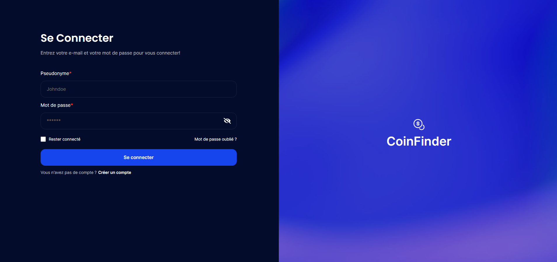 Page d'authentification CoinFinder
