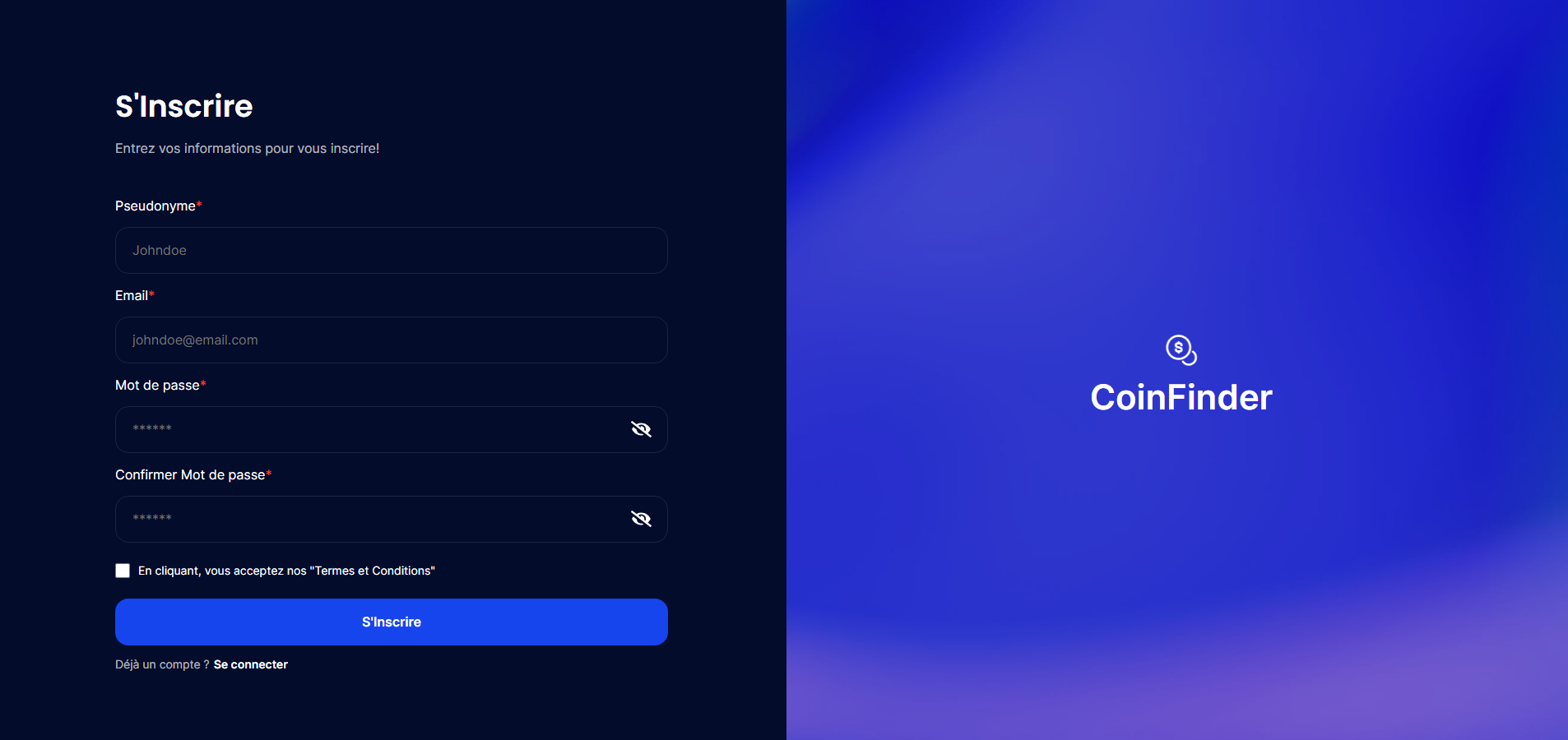 Page d'inscription CoinFinder